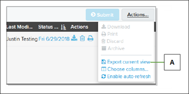 Actions dropdown list with Export current view item highlighted with callout letter screenshot