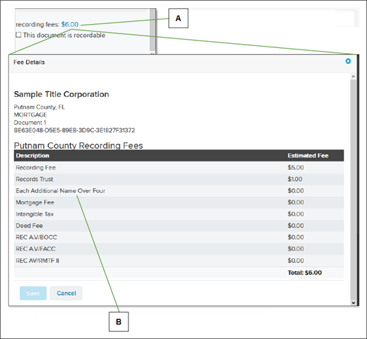 Document Editor page Fee Details window with callout letters screenshot