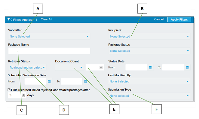 Apply filters to packages window with callout letters screenshot