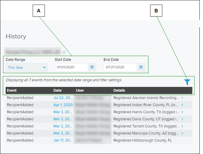 History page with callout letters screenshot