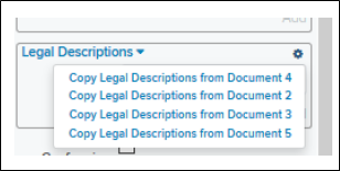 Document Editor page Legal Descriptions section with dropdown list