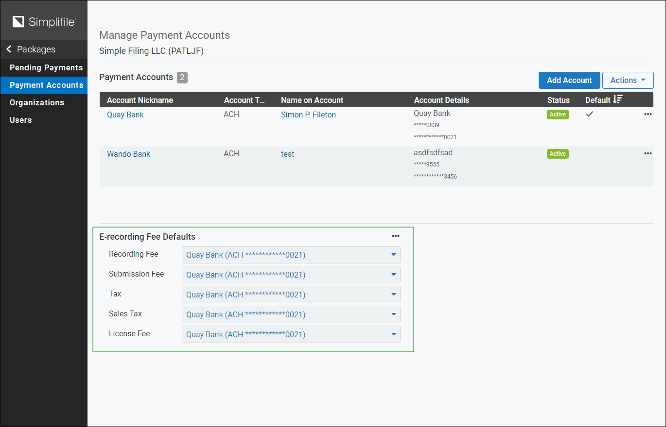 Manage Payment Accounts page screenshot