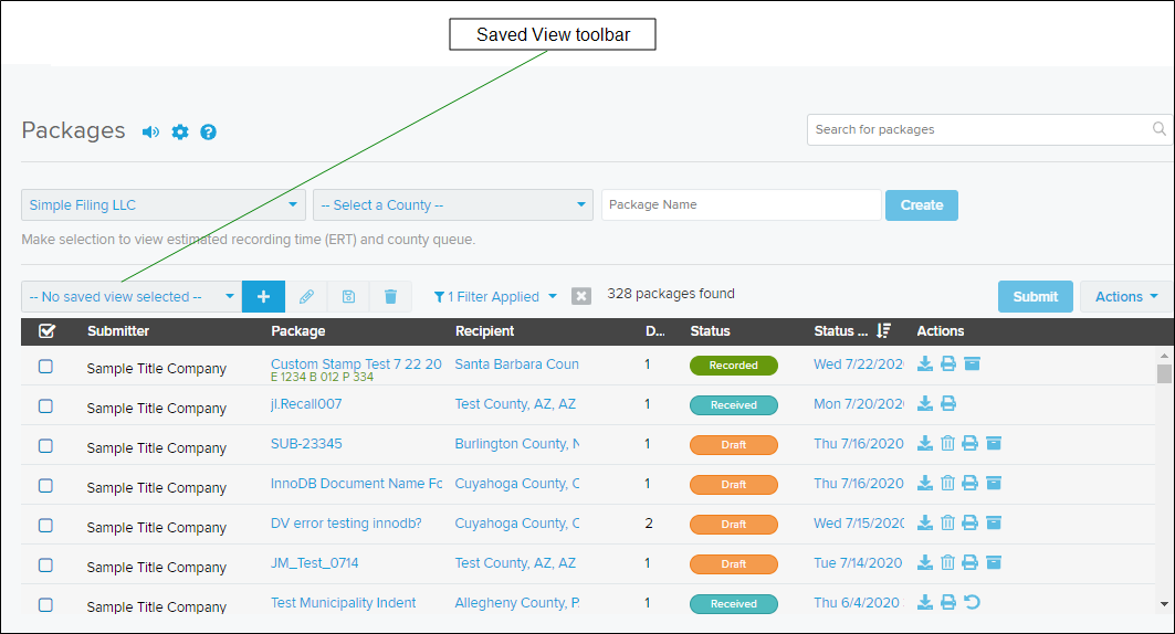 Packages page with Saved View toolbar callout screenshot