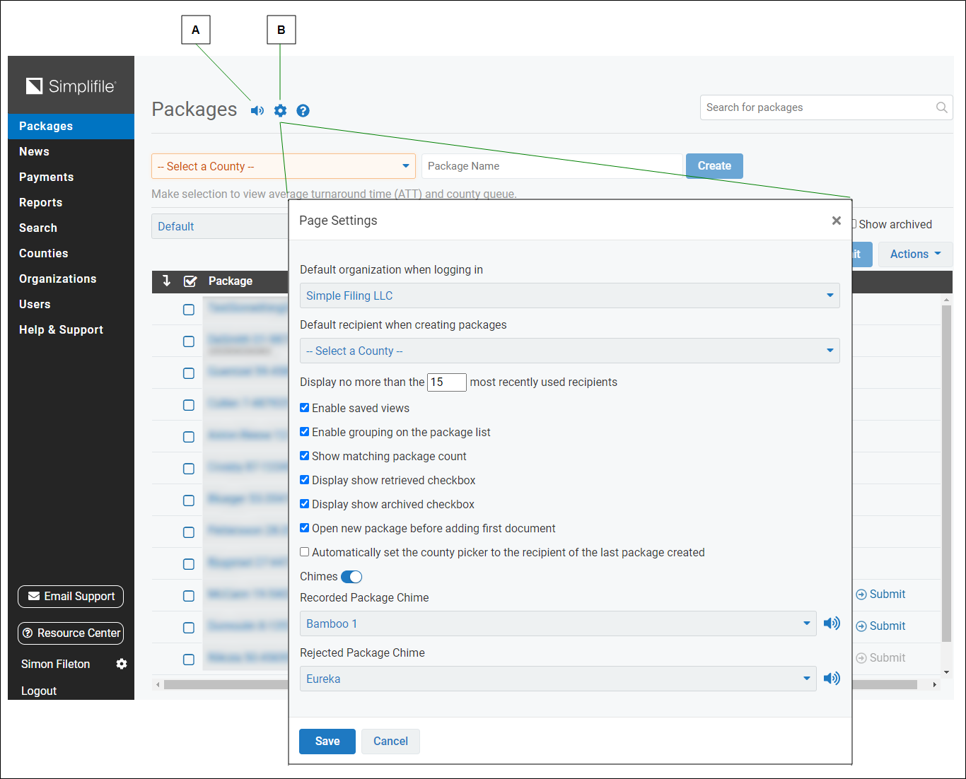 Package page Page Settings window with letter callouts screenshot