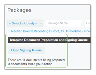 Packages page wiht Template Document Preparation and Signing Queue message screenshot