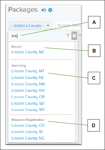 Packages page with callout letters screenshot