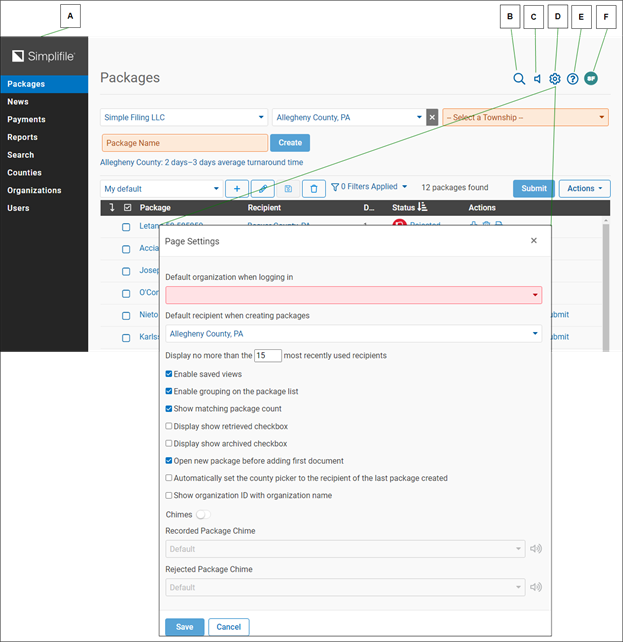 Package page and Page Settings window with callout letters screenshot