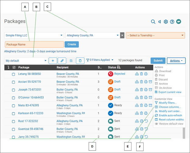 Packages page Actions dropdown list with callout letters screenshot