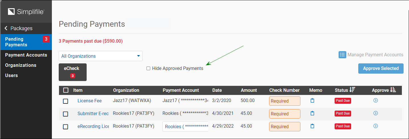 Pending Payments page with Hide Approved Payments checkbox highlighted screenshot