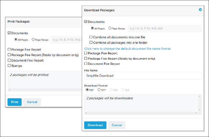 Print Packages window and Download Packages window screenshot