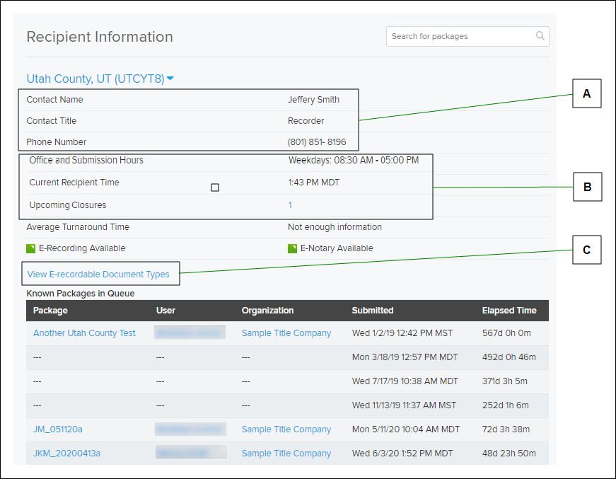 Recipient Information with callout letters screenshot