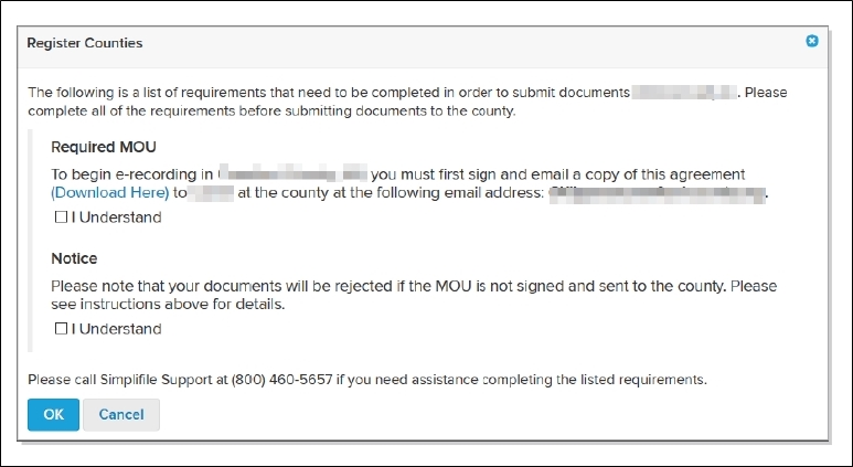 Register Counties window requirements screenshot