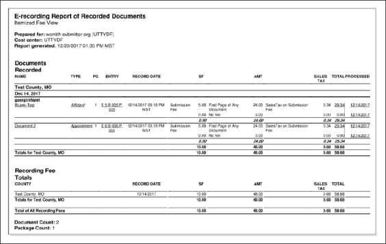 Example E-recording Report of Recorded Documents screenshot