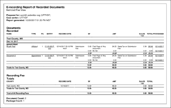 Example E-recording Report of Recorded Documents screenshot