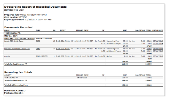 Example E-recording Report of Recorded Documents screenshot