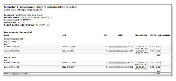 Example Simplifile E-recording Report of Documents Recorded screenshot