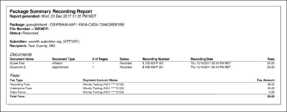 Example Package Summary Recording Report screenshot