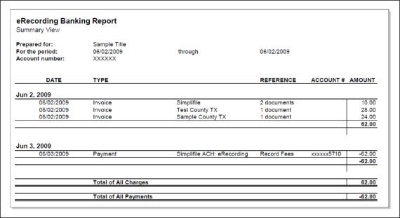 Exampled eRecording Banking Report screenshot