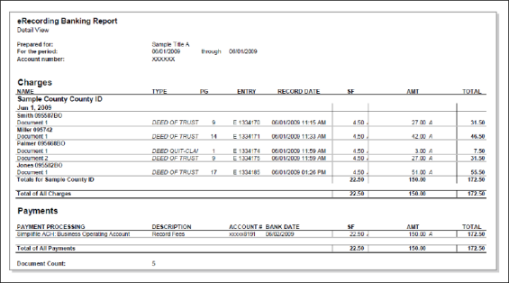 Example eRecording Banking Report screenshot