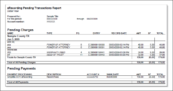 Example eRecording Pending Transaction Report screenshot 