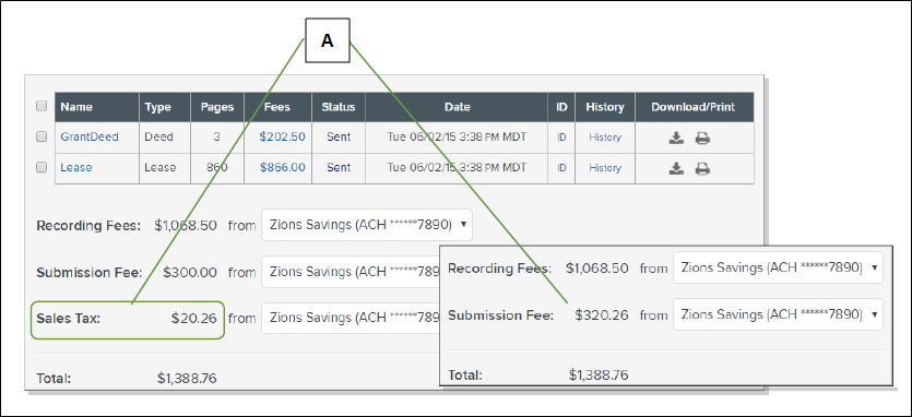 Callout letter with Sales Tax field and Submission Fee field highlighted screenshot