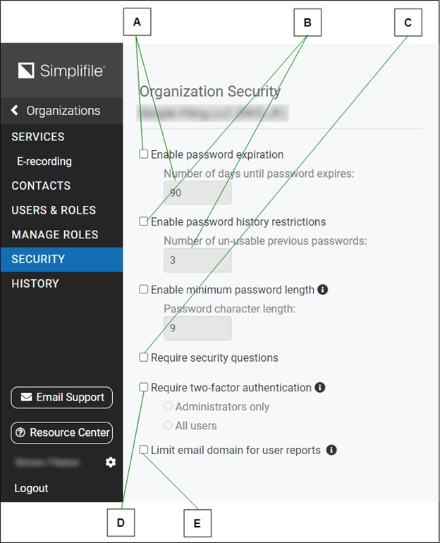 Organization Security page with callout letters screenshot