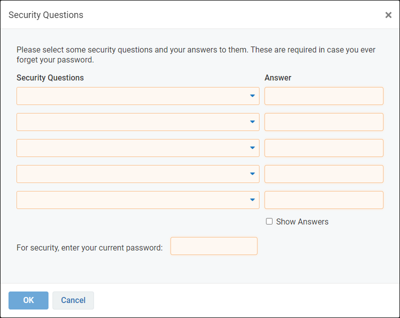 Security Questions window screenshot