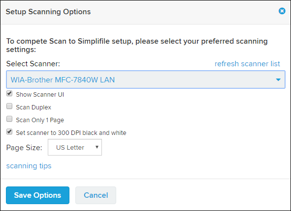 Setup Scanning Options window screenshot