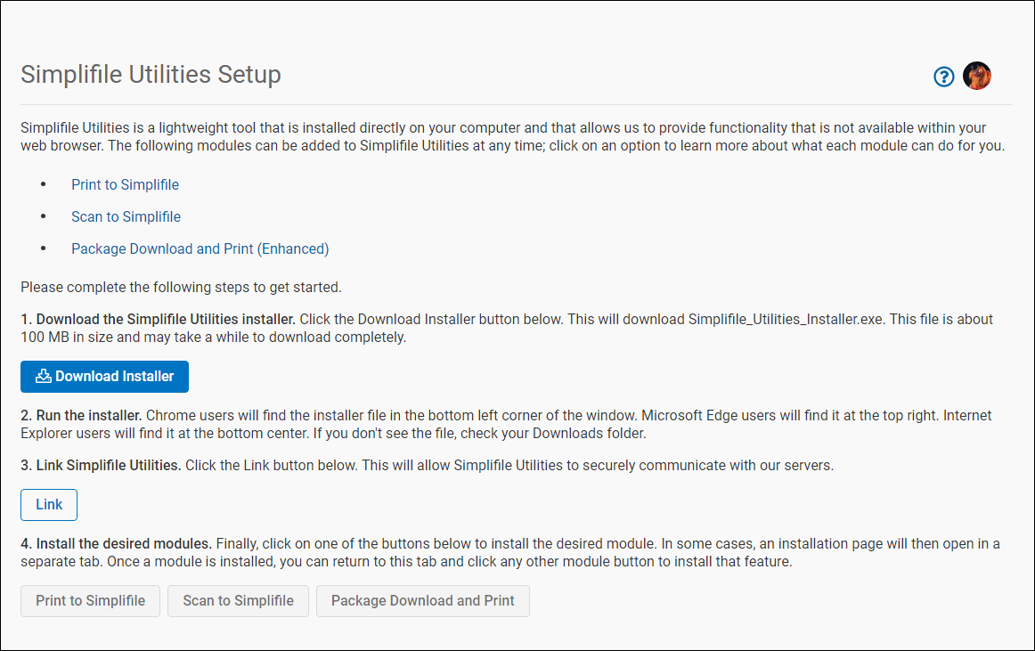 Simplifile Utilities Setup page screenshot