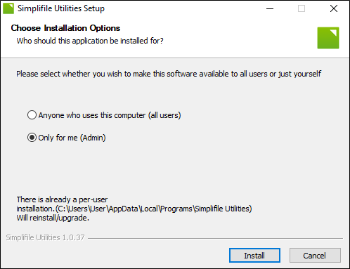 Simplifle Utilities Setup wizard Choose Installation Options screen screenshot