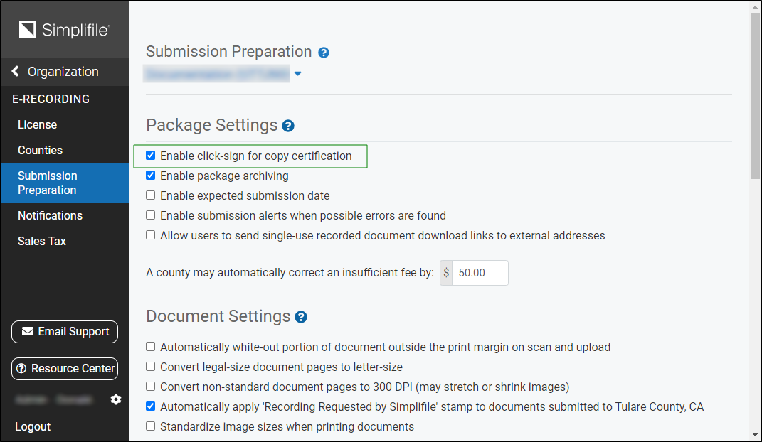 Su;bmission Preparation page with Enable clic-sign for copy certification checkbox highlighted screenshot