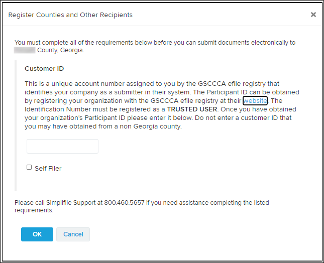 Register Counties and Other Recipients window with "website" highlighted screenshot