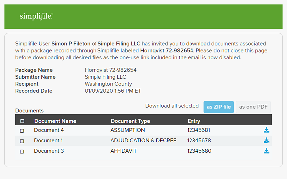 Simplifile download documents list screenshot