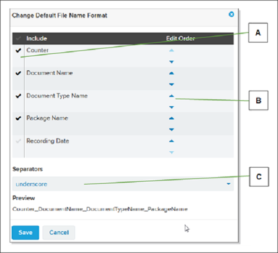 Change Default File Name Format window with callout letters screenshot