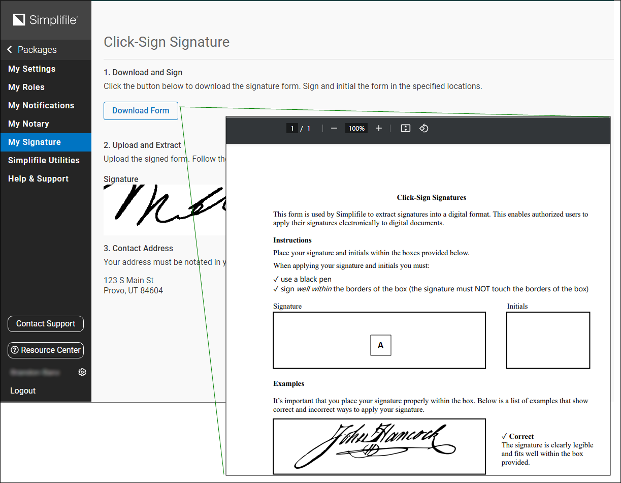 Click-Sign Signature page Download Form button with Click-Sign Signatures form screenshot