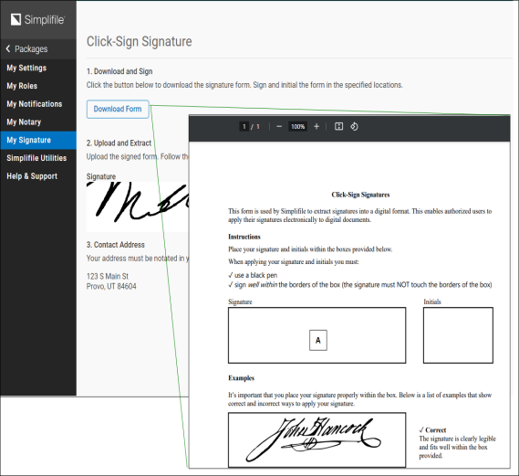 Click-Sign Signature page Download Form button with Click-Sign Signatures form screenshot