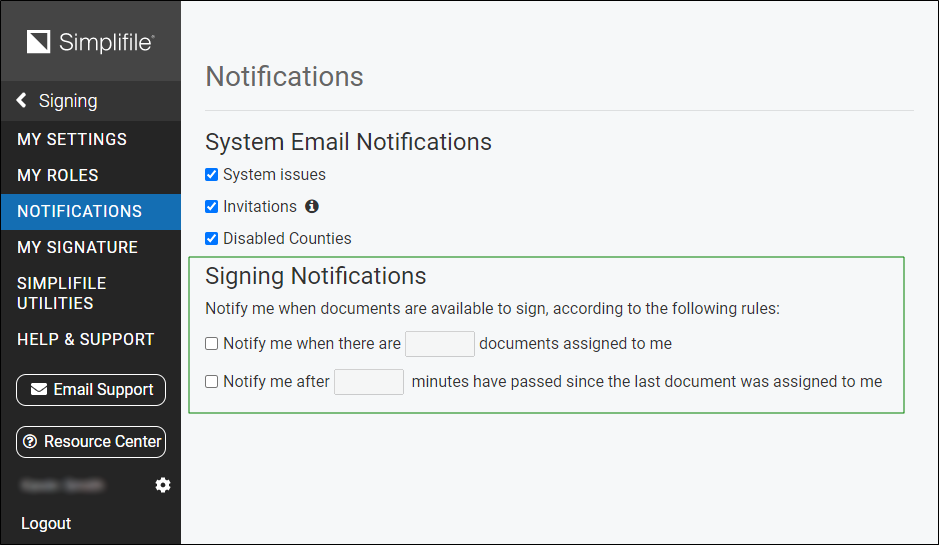 Notifications page with Signing Notifications section highlighed screenshot
