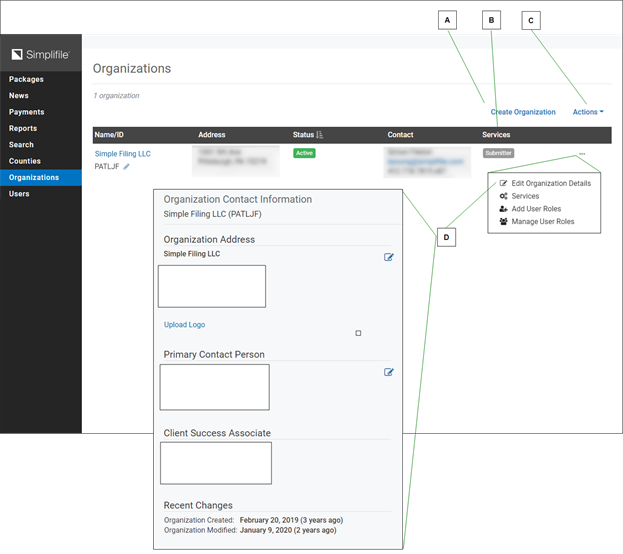 Organizations page with Organization Contact Information window with callout letters screenshot