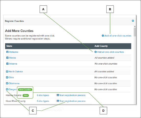 Register Counties window Add More Counties table with callout letters screenshot