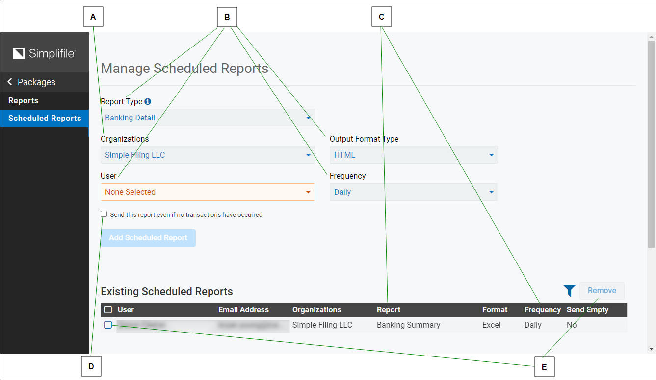 Manage Scheduled Reports page with callout letters screenshot