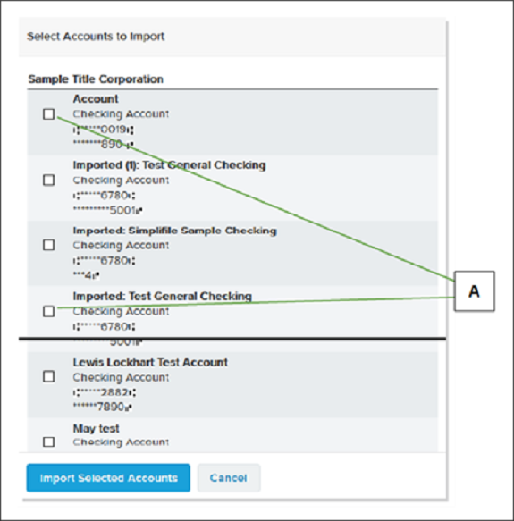 Select Accounts to Import section with callouts